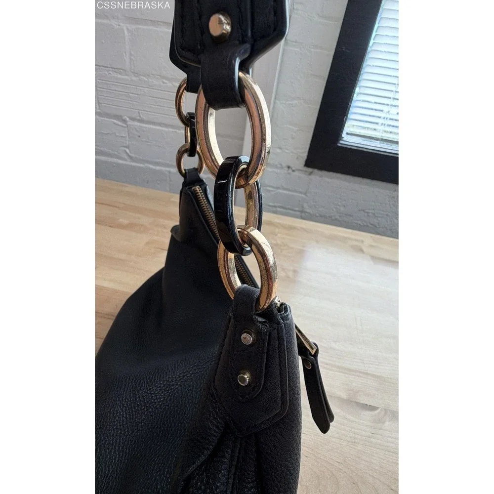 Michael Kors Black Pebbled Leather Hobo Shoulder Bag Gold Tone Ring Hardware